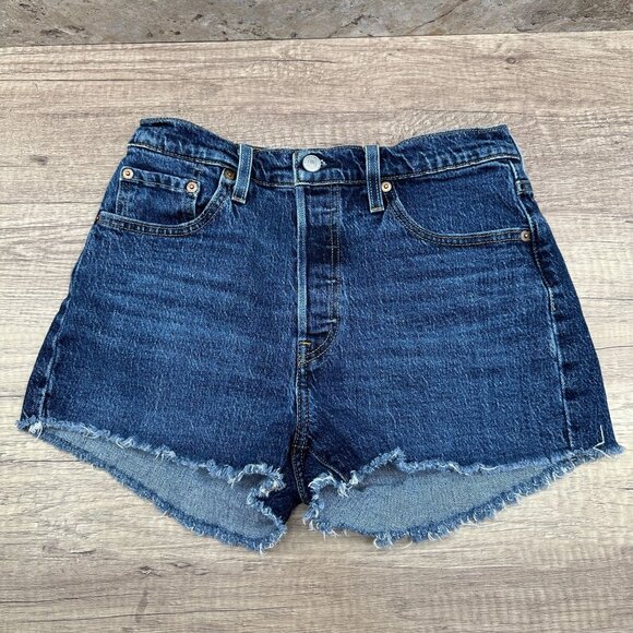 Levi's 501 Denim Shorts Women's Size W 29 Blue  Distressed Hem Button Fly - Picture 1 of 12